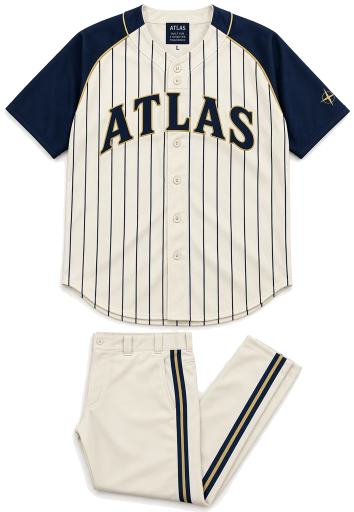 Design concept illustration of a cream pinstriped button-front baseball jersey with navy raglan sleeves, gold piping and navy team lettering, shown with cream baseball pants with navy and gold side stripes