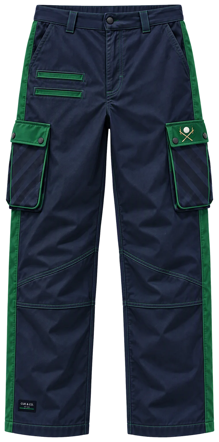 Designkonzept-Illustration einer marineblauen Cargohose mit grünen Seiteneinsätzen, Pattentaschen und gesticktem Queue-Wappen