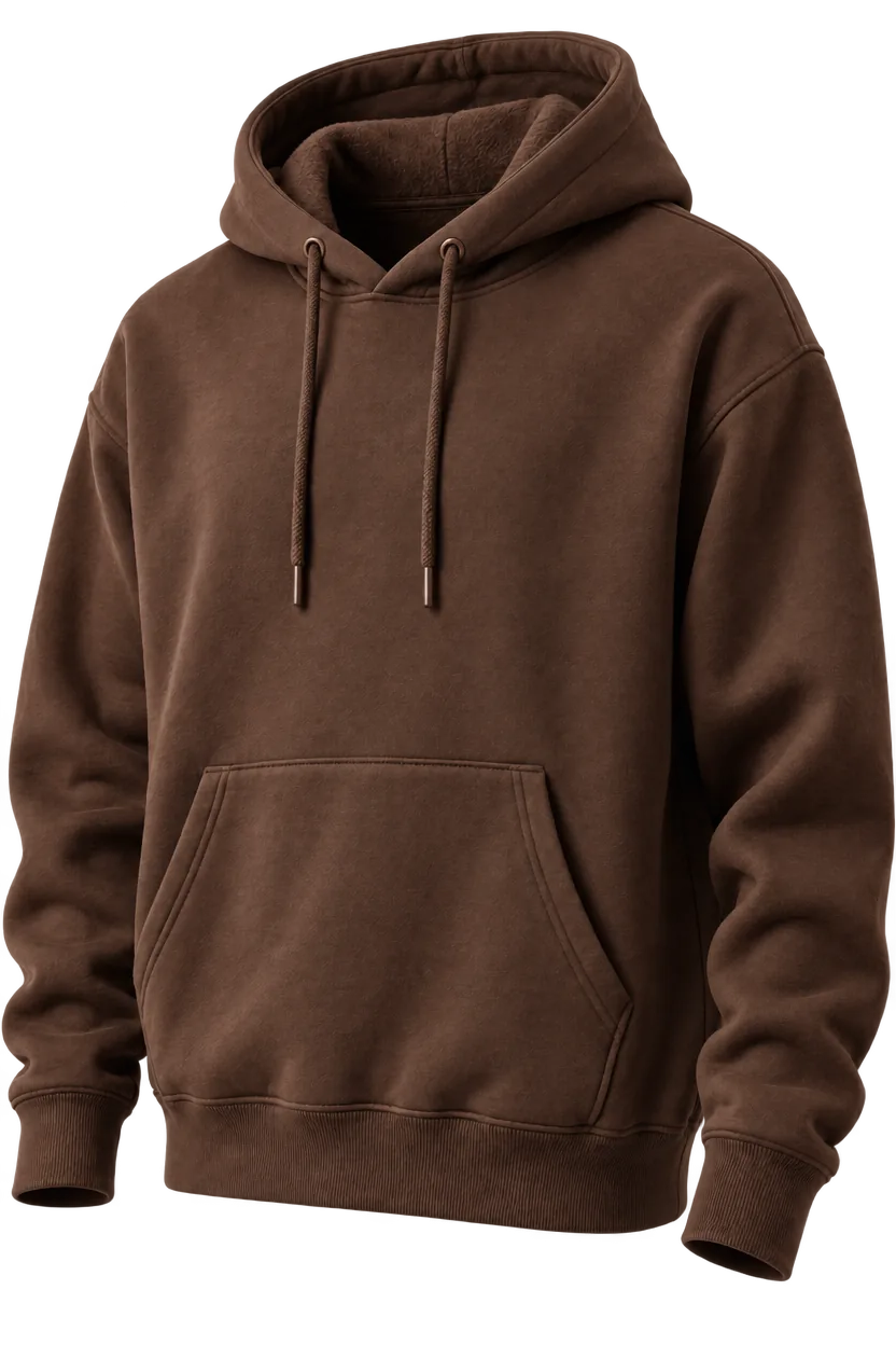 Illustration eines braunen Oversized-Fleece-Hoodies zum Überziehen mit Kordelzug-Kapuze, Kängurutasche sowie Rippbündchen und Rippsaum