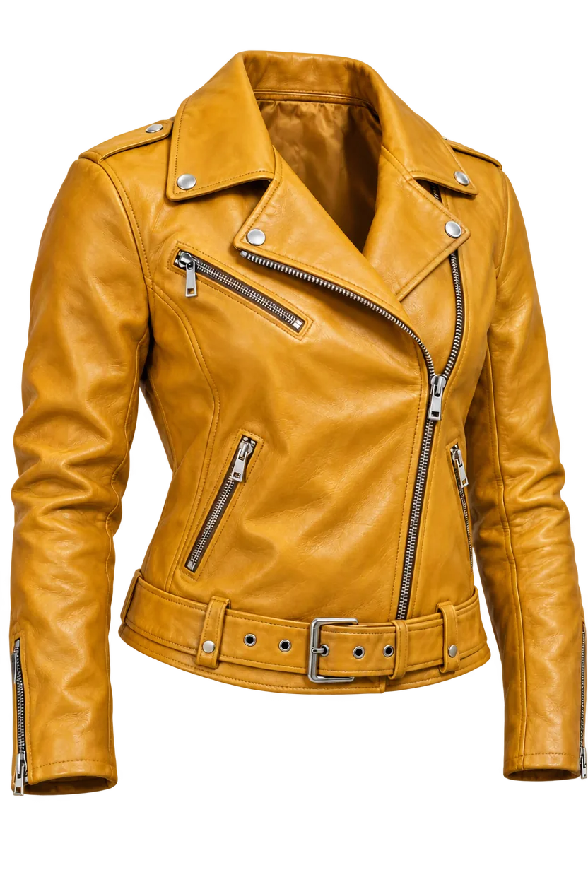 Illustration einer senffarbenen Leder-Bikerjacke mit asymmetrischem Reißverschluss, gekerbtem Revers, Reißverschlusstaschen und Gürtel am Saum