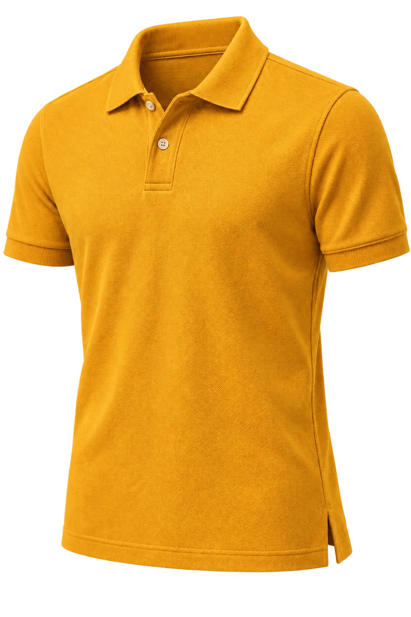Illustration eines senffarbenen Piqué-Poloshirts mit Zwei-Knopf-Leiste, gerippten Ärmelbündchen und Seitenschlitzen