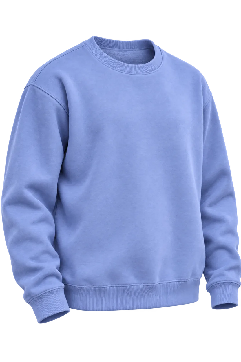 Illustration of a periwinkle-blue crewneck fleece sweatshirt with ribbed neck, cuffs and hem