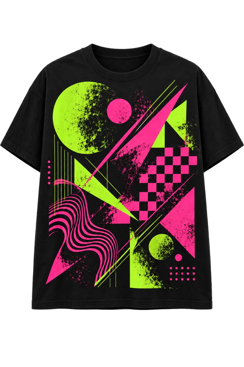 Illustration eines schwarzen Oversized-T-Shirts mit Rundhalsausschnitt und vollflächigem geometrischem Print in Neonpink und Limettengrün