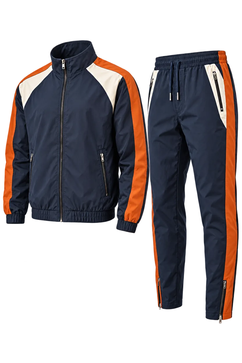 Illustration eines marineblauen Trainingsanzugs — Jacke mit Stehkragen und durchgehendem Reißverschluss, Hose mit Reißverschluss am Saum, Colour-Blocking-Streifen in Orange und Creme