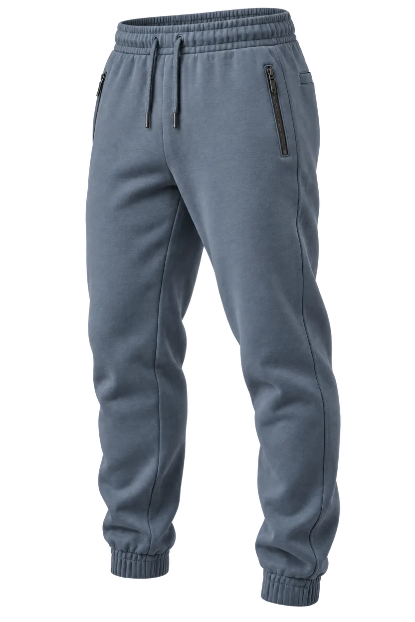 Illustration schieferblauer Fleece-Jogger mit Kordelzug am Bund, seitlichen Reißverschlusstaschen und elastischen Beinbündchen
