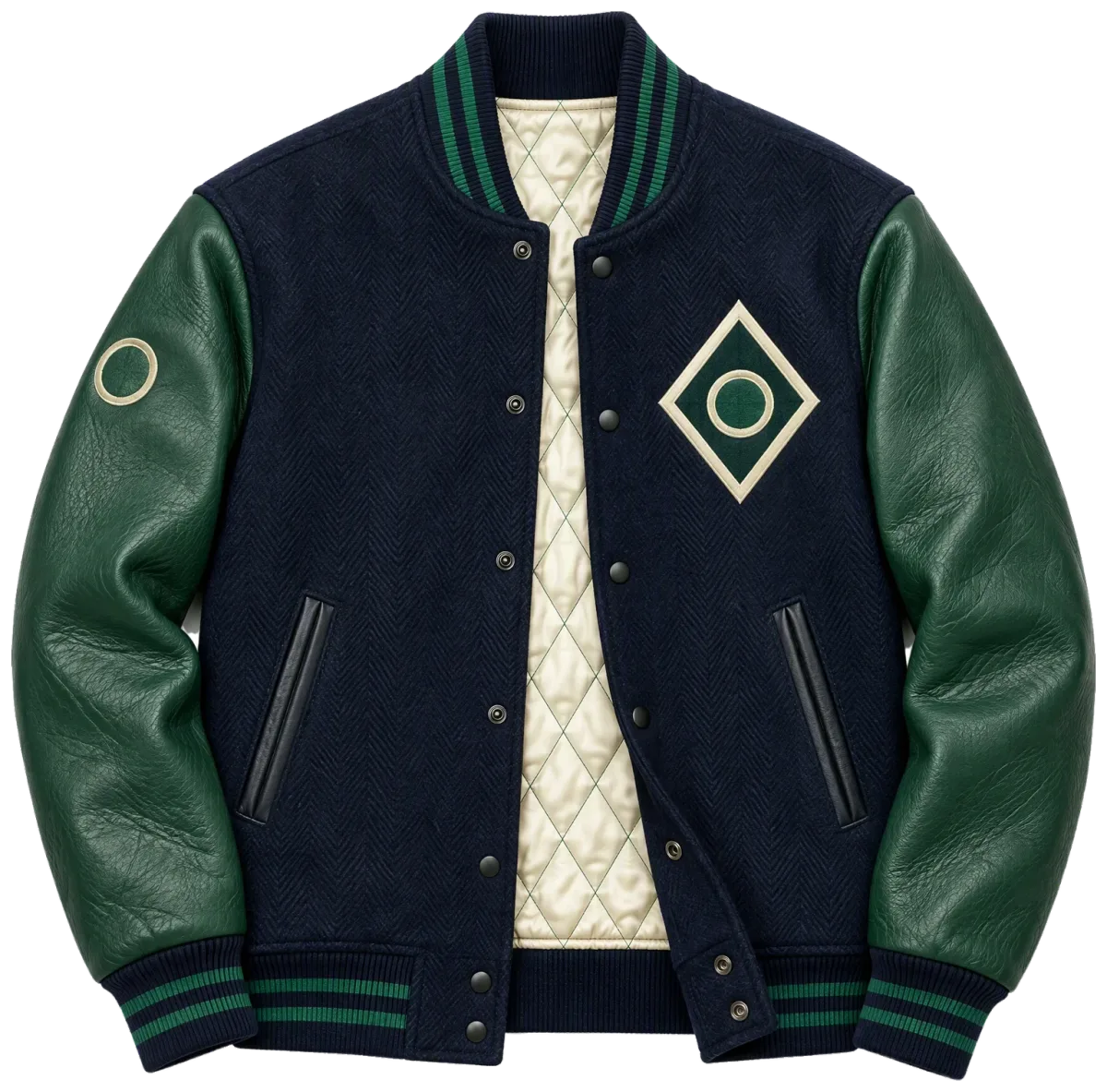Illustration of a navy melton varsity jacket with green leather sleeves, striped rib trims, a quilted cream lining and embroidered patches