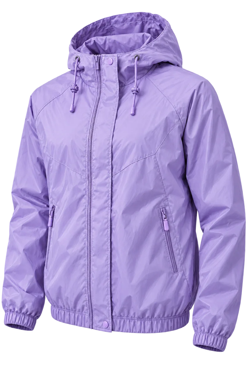 Illustration eines fliederfarbenen Windbreakers mit Kordelzug-Kapuze, Frontreißverschluss mit Sturmleiste, Eingrifftaschen mit Reißverschluss sowie elastischen Bündchen und elastischem Saum