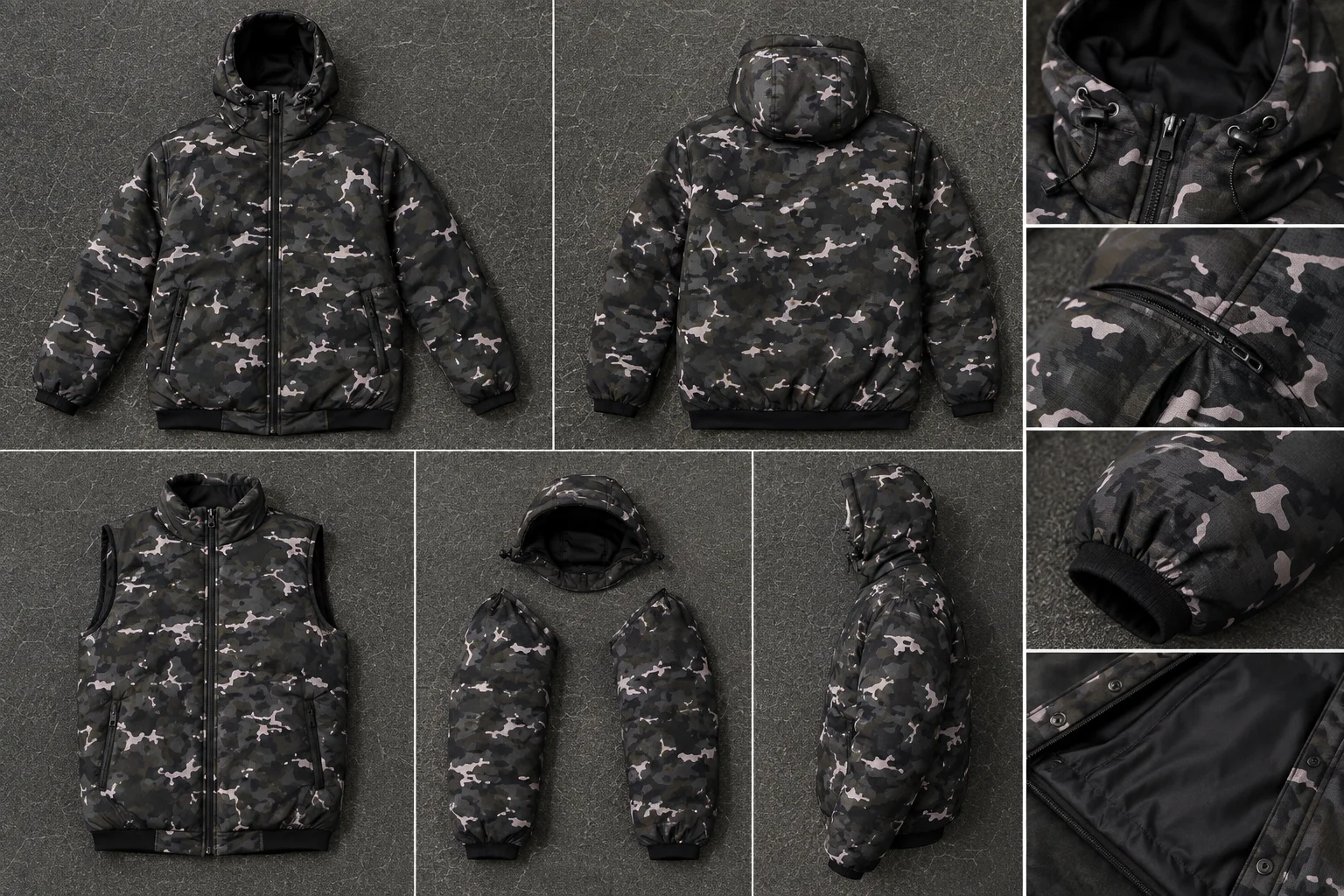 Camouflage puffer jacket with zip-off sleeves and detachable hood, shown as full jacket, vest and separated parts with zip and snap close-ups
