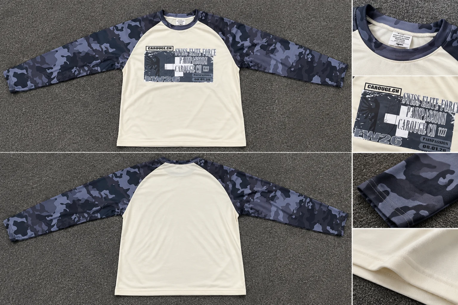 Cremefarbenes Langarm-Raglan-Shirt mit blaugrauen Camo-Ärmeln und mehrteiligem Frontprint — Vorder- und Rückansicht sowie Nahaufnahmen der Nähte