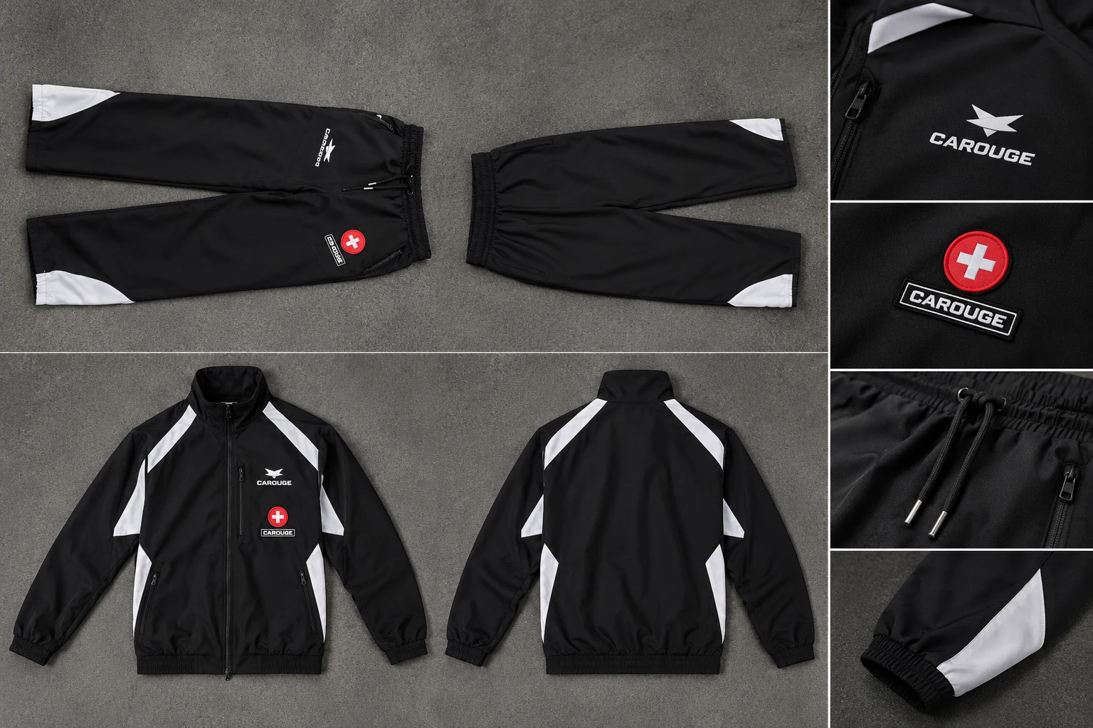 Schwarz-weißer Trainingsanzug im Colour-Blocking — Jacke von vorn und hinten sowie gefaltete Hose, mit Nahaufnahmen von Patch, Kordelzug und Bündchen