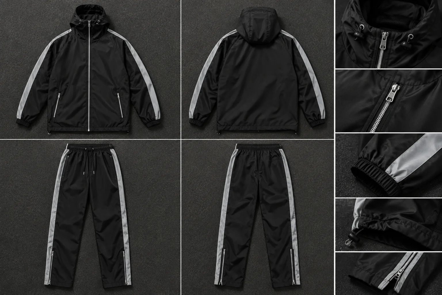 Black windbreaker jacket and pant set with grey contrast stripes — front and back views with hood, zip, cuff and ankle-zip close-ups